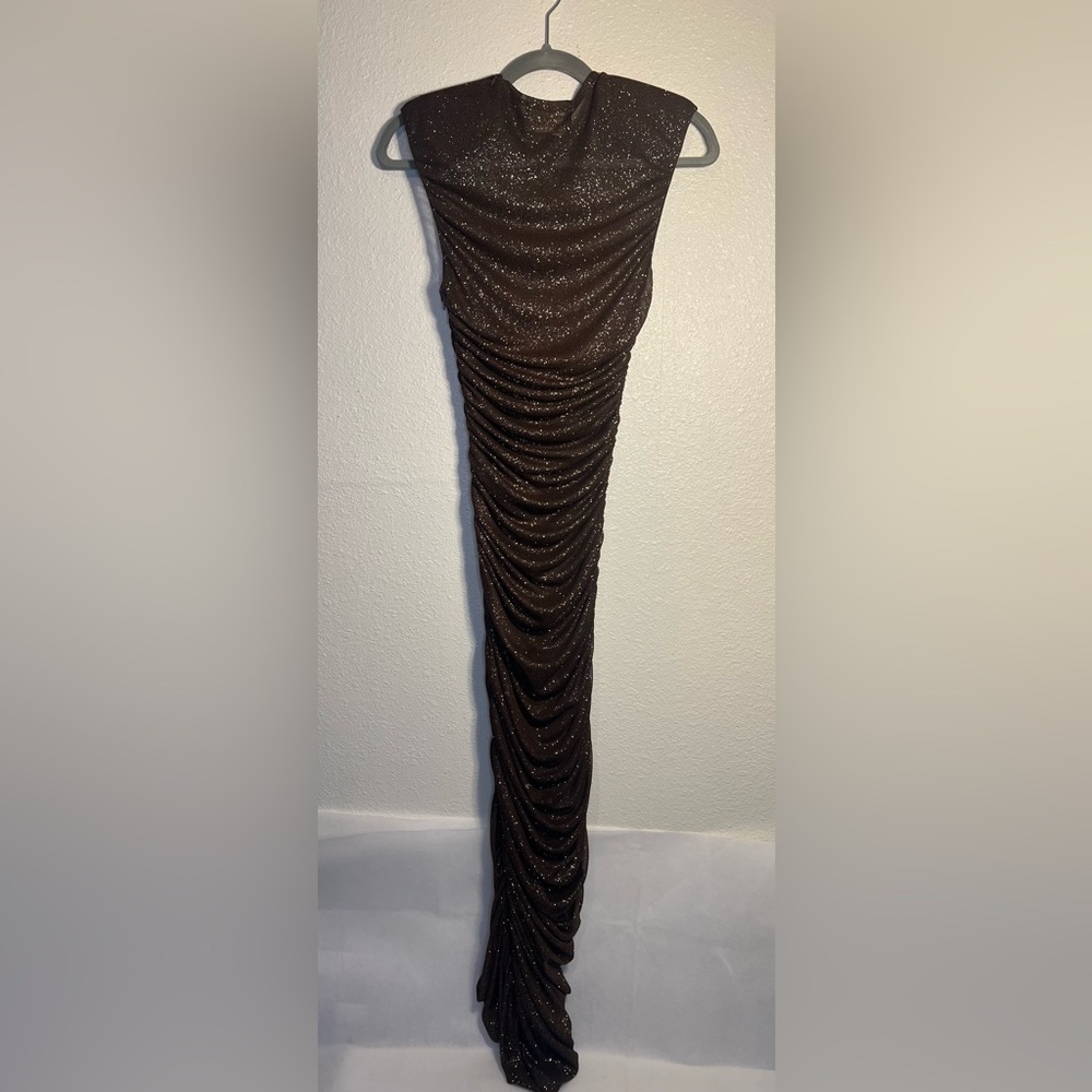 Bronx and Banco Maya Ruched Sheer Mesh Glitter Fitted Midi Dress Brown - S - Picture 5 of 6